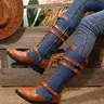 【Black Friday】Women's Tall PU Leather Motorcycle Boots, Western-Inspired Lace-Up and Buckle Design, Round Toe, Thick Lug Sole, Comfortable Footwear for Casual Wear
