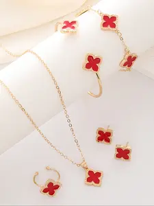 Women's Four-Leaf Clover Jewelry Set, Alloy Lucky Grass Flower Necklace Earrings Bracelet, Fashionable Minimalist Design, Elegant Jewelry Set