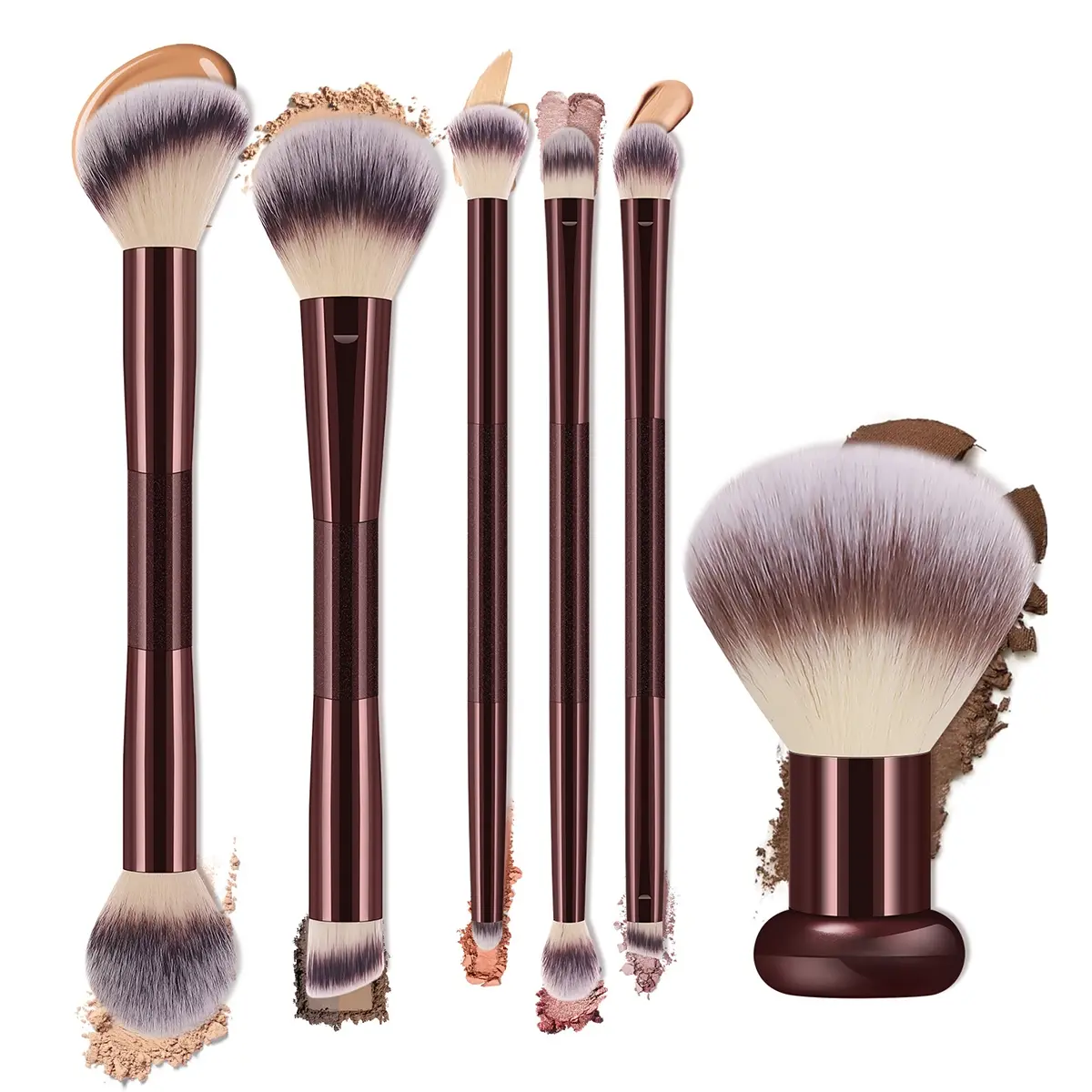 6-Piece Makeup Brush Set, Dual-Ended Brushes for Foundation & Blush, Beauty duo brush, Large Powder Brush for Smooth Application, Durable Aluminum Handle