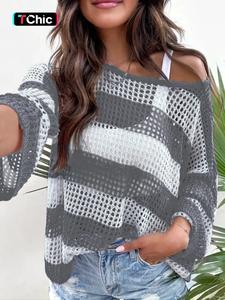 women's colorblock striped print sweater, casual long sleeve hollow out jumper for daily outings, ladies knitwear for all seasons, sweaters for women