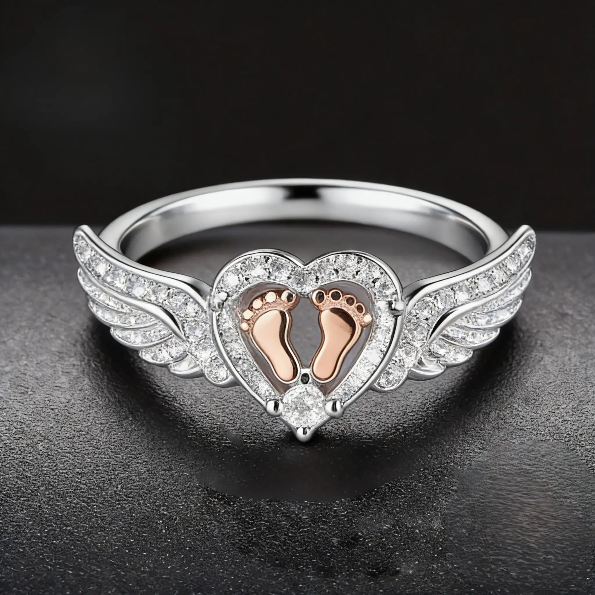 Women's Sterling Silver Angel Wing Heart Footprint Memorial Ring - Mom's Pregnancy Loss Remembrance Jewelry, Meaningful Sympathy Memorial Gift for Mother's Day, Birthday, Footprints