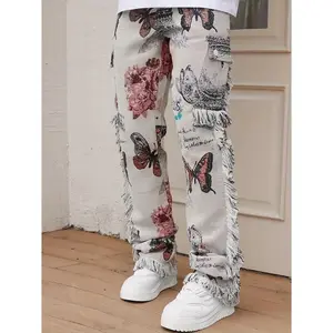 2025 New European and American Style Animal Digital Print Pants Men's Slim Fit Floral Pants Fashion Straight Casual Denim Long Pants