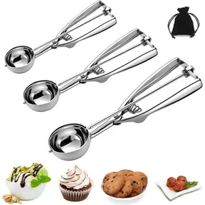 Ice Cream Scoop, 3Pcs Cookie Scoop Set, Stainless Steel Cookie Scoops for Baking Set of 3, Cookie Scooper for Baking, Ice Cream Scooper with Trigger Release, Cookie Dough Scoop