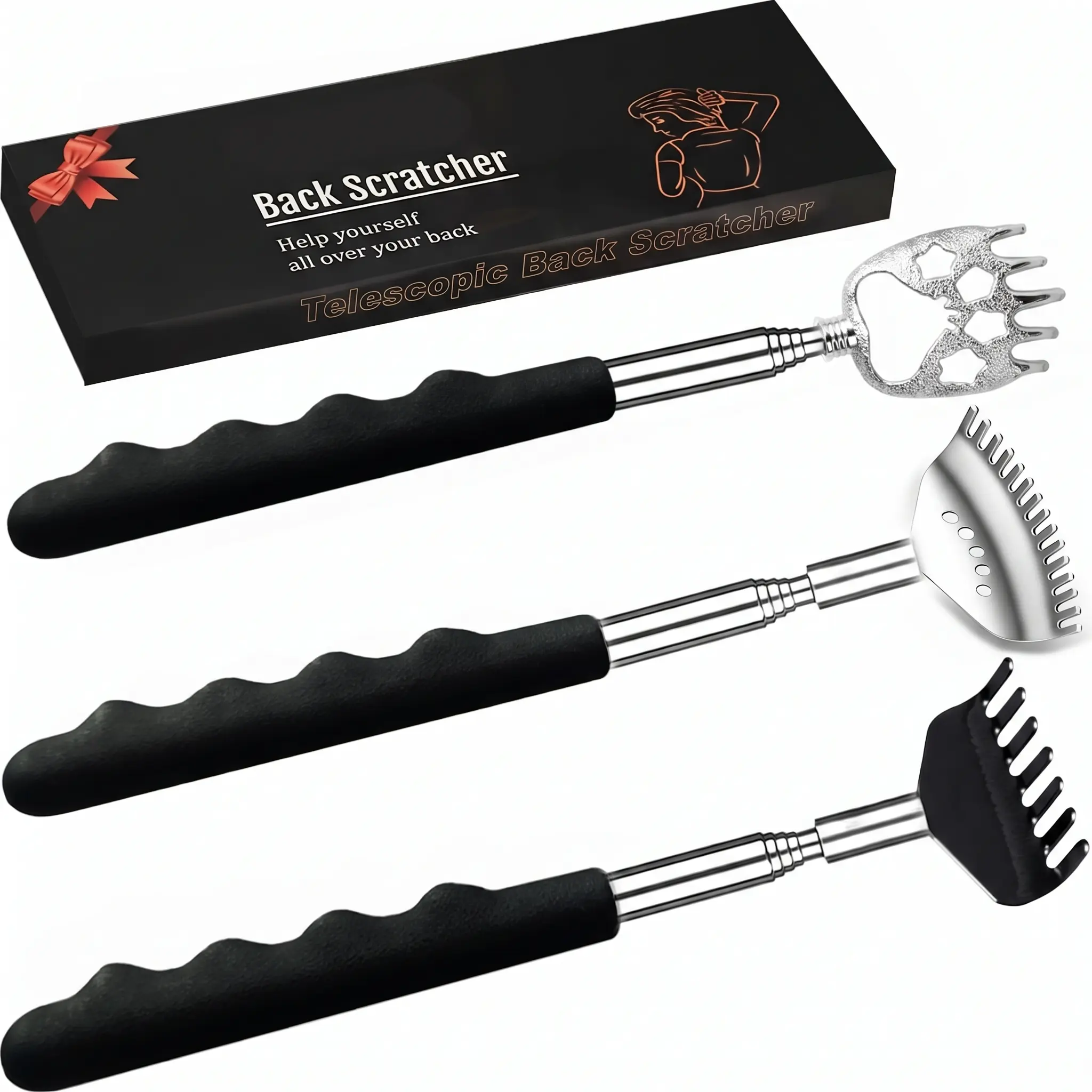 3 Pack Different Back Scratcher Metal Portable Telescoping with Rubber Handles, Extendable Back Massager Tool with Beautiful Box, Stocking Stuffers for Men Women Christmas Presents(Black)