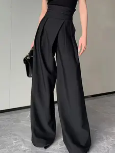 Elegant Women's High-Waisted Wide-Leg Woven Pants, Comfortable Minimalist Aesthetic Fashion Wardrobe Essential, Perfect for Casual & Stylish Looks, Womenswear