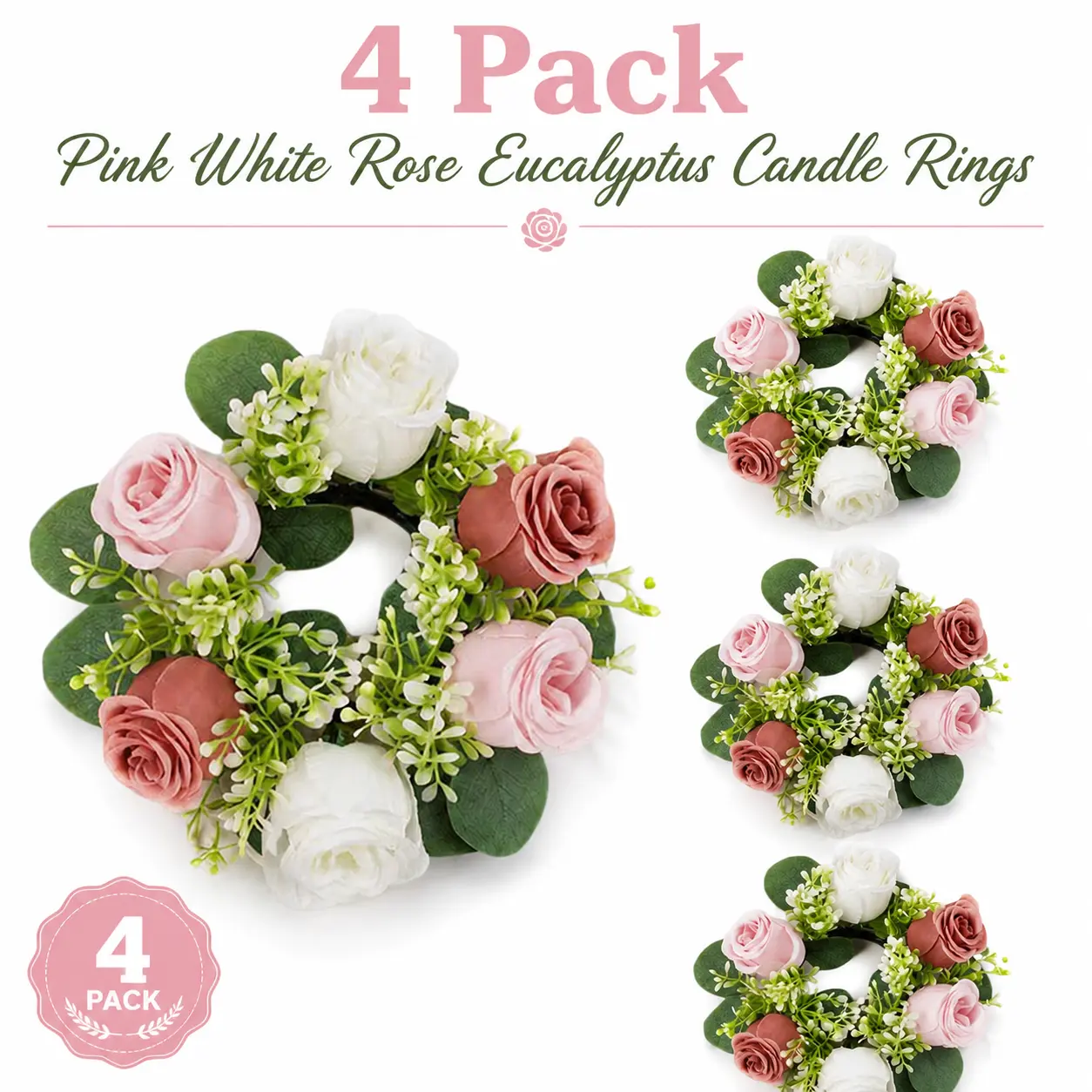 4-Pack Unisex Multicolor Pink White Rose Eucalyptus Candle Rings, Mini Artificial Floral Ornaments, Plant & Floral Decor for Table Centerpiece, Candle Holder, Farmhouse Front Door, Plant Decor, Floral Motif Hanging Decor