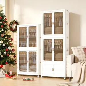 Aesthetic Stackable Storage Bins with Wheels – Folding Plastic Organizer Cabinet with Magnetic Door for Closet Organization, Kitchen & Dorm