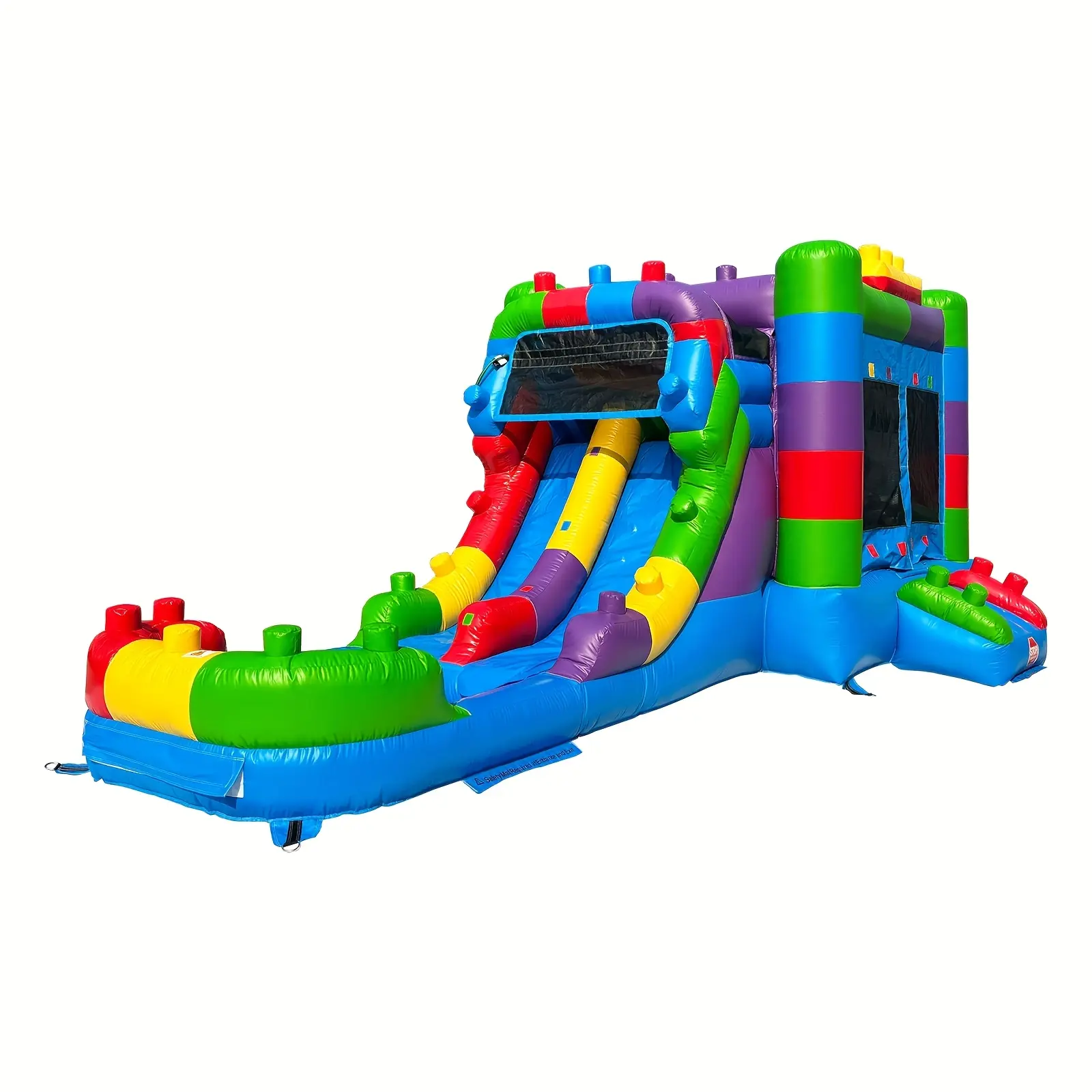 [Trampoline Slide Pool Combo] Hapcap Building Block Castle Inflatable Bounce House, Outdoor PVC Playhouse for Kids, Semi-Commercial Inflatable Castle, Outdoor Party Castle with Basketball Hoop, Stakes And Storage Bag, Optional Blower