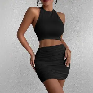 Women Two Piece Outfits Halter Neck Sleeveless Crop Top and Ruched Bodycon Mini Skirt Set Sexy Summer Matching Sets