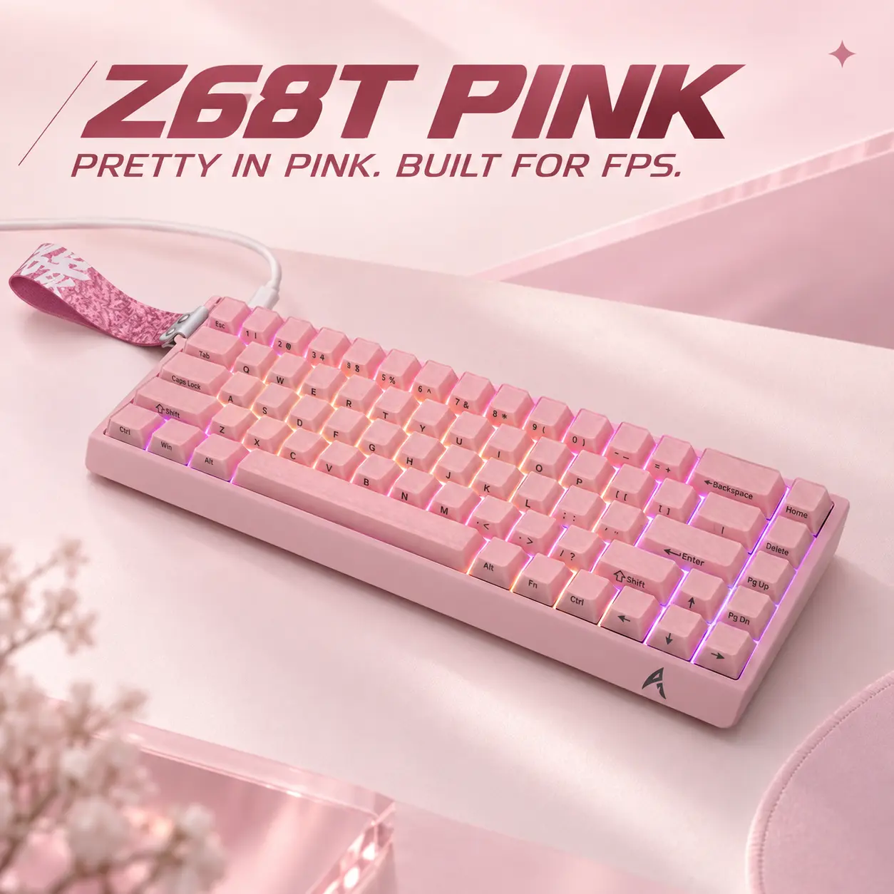 KEYSLA | AUSDOM Series | Z68T Pink Hall Effect Gaming Keyboard, 68-Key Wired Magnetic Switch, Rapid Trigger, 8000Hz Polling Rate, 0.01–3.4mm Adjustable Actuation, RGB Lighting for PC