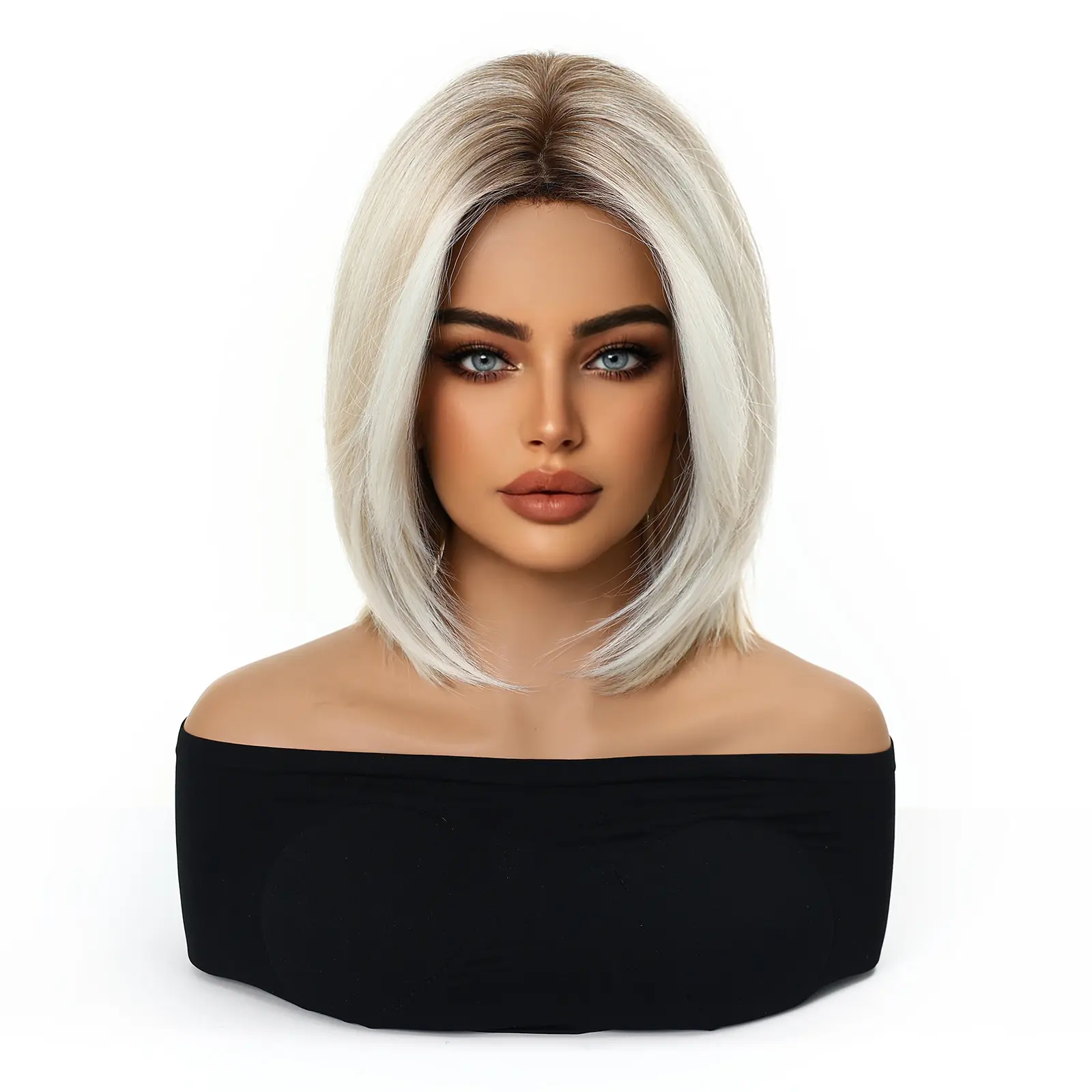 Avery 12 Inch Blonde Bob Wig, Short Middle Part Synthetic Wig, Soft Face-Framing Straight Bob Wig for Women, Natural Dark Root Daily Wear Wig, Beginner Friendly