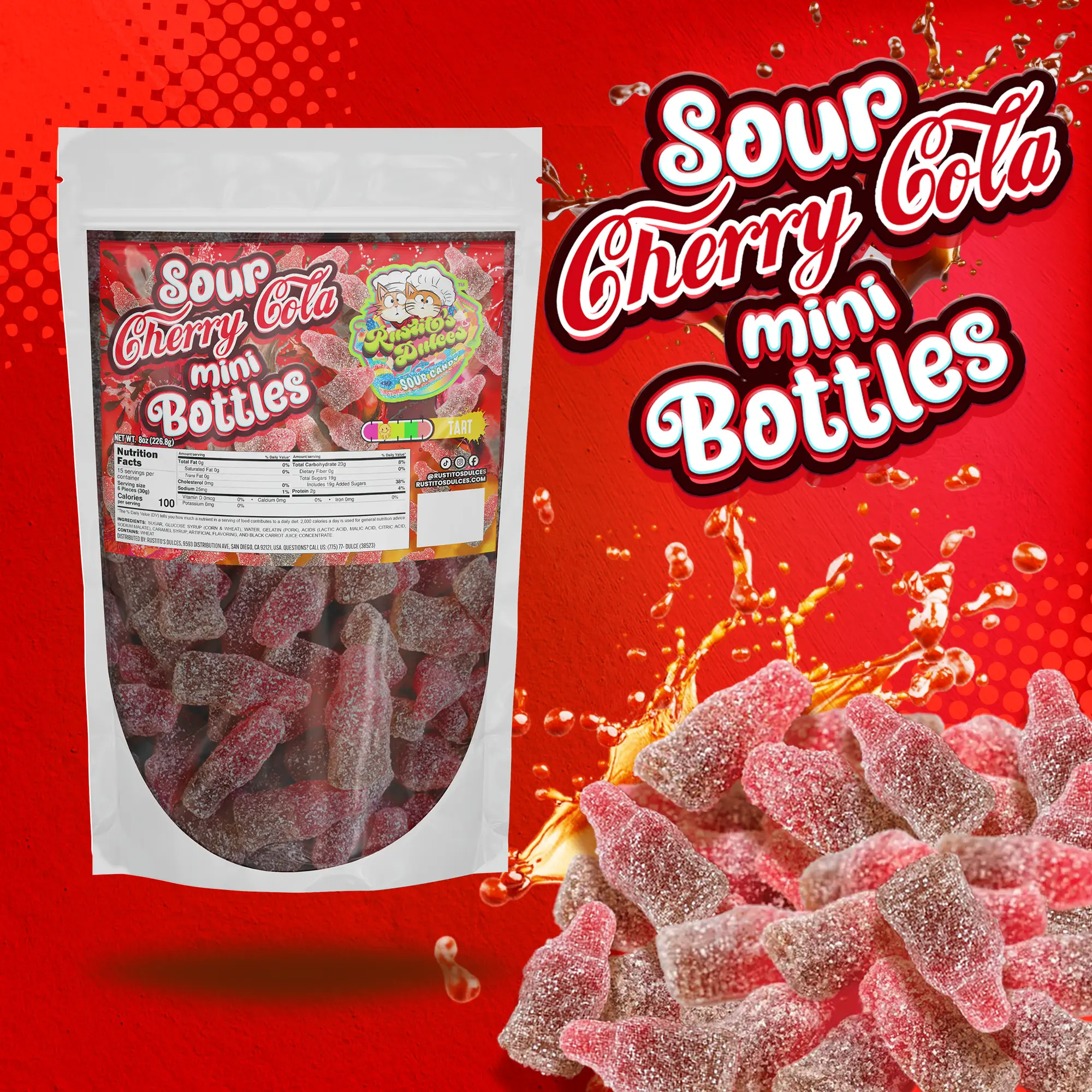 Sour Cherry Cola Mini Bottles - a blast of juicy cherry tartness! Sour Cherry Cola Mini Bottles - a blast of juicy cherry tartness!