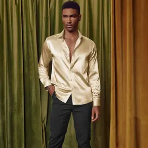 PJ PAUL JONES Men's Shiny Satin Dress Shirts Long Sleeve Button Down Silk Shirt with Bow Tie