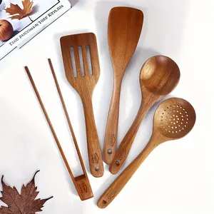 5/7PCS Premium Wooden Kitchen Utensils Set – Spoon, Ladle & Spatula for Nonstick Cookware, Heat Resistant & Durable