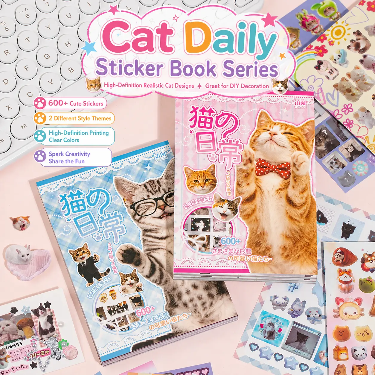 20/40 Sheets Cute Cat Sticker Book (Single/Bundle) - Cat, Kitten, Paw & Pet-Themed Decorative Stickers for Journaling, Scrapbooking, Planners and Crafts