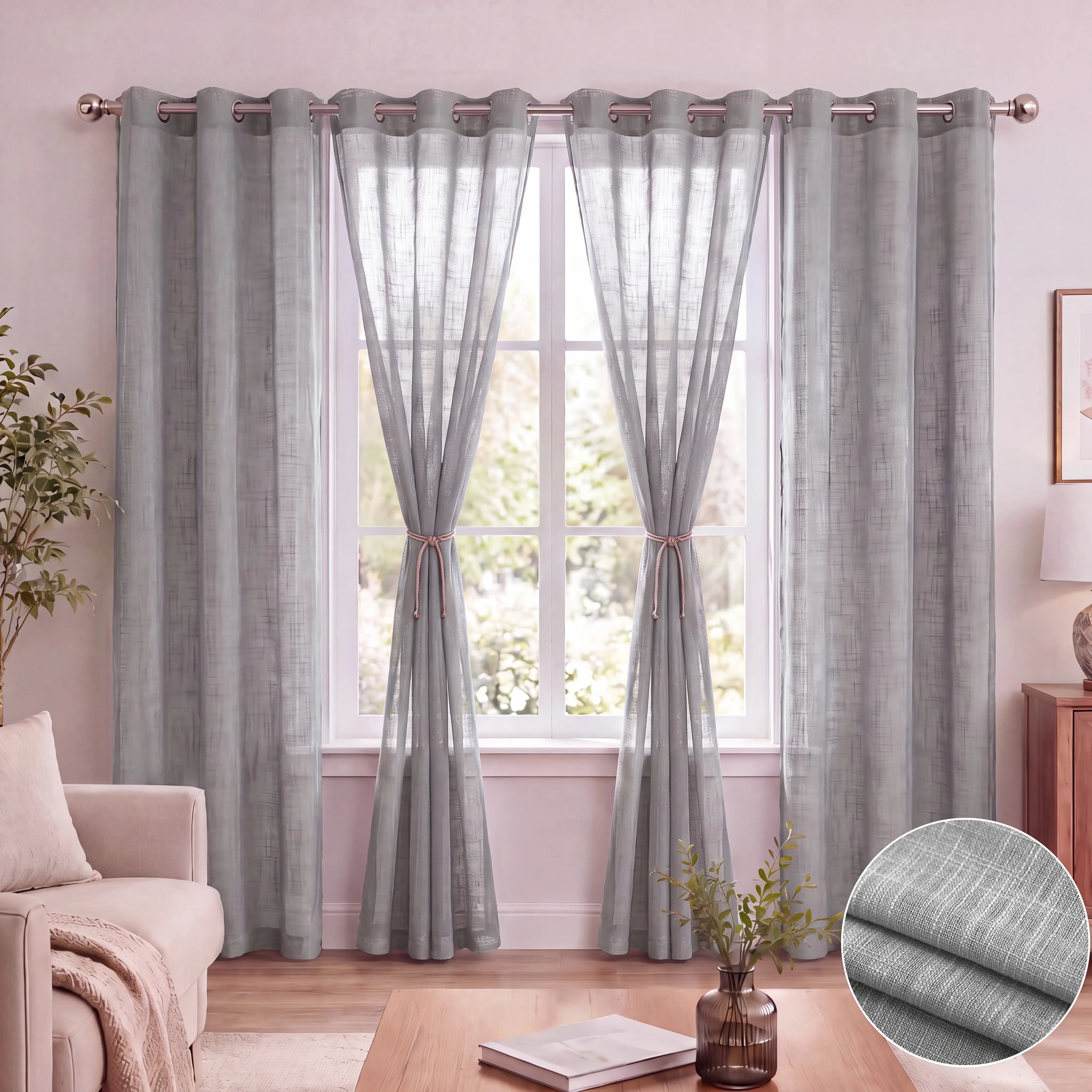 4 Pcs 34x84 in Grommet Top Curtain Panels, Solid Color Belly Linen Fabric with Slub Yarn Texture, Bamboo-Like Pleats, Vintage Home Decor Window Drapes FT2503