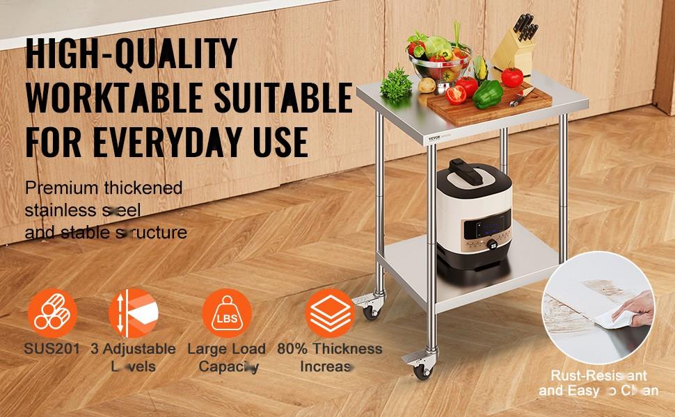 Stainless Steel Work Table With 4 Locking Wheels, 24 X 30 X 38 Inch, Three Adjustable Height Levels, Heavy Duty Food Prep Table For Commercial Kitchen, Restaurant Use, Silver Finish