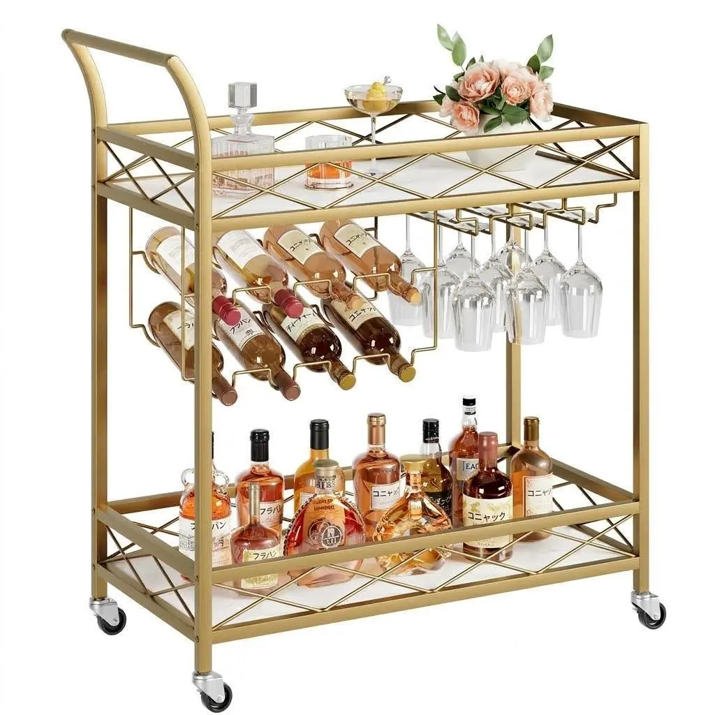 2-Tier Gold Bar Cart, Mobile Home Bar Serving Cart on Lockable Wheels, Rolling Beverage Cart with Wine Racks & Glass Holders for Kitchen Dining Living Room