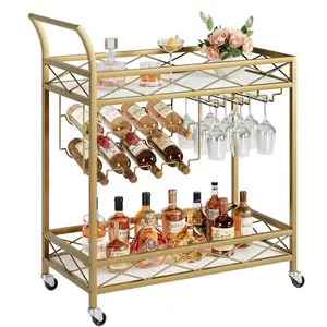 2-Tier Gold Bar Cart, Mobile Home Bar Serving Cart on Lockable Wheels, Rolling Beverage Cart with Wine Racks & Glass Holders for Kitchen Dining Living Room