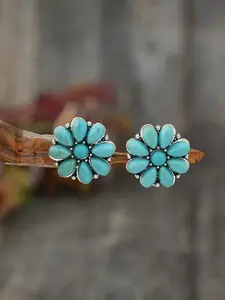 Cross-Border Vintage Western Style Turquoise Earrings, New Alloy Ear Studs With Turquoise Flower Design, Popular In Europe And America