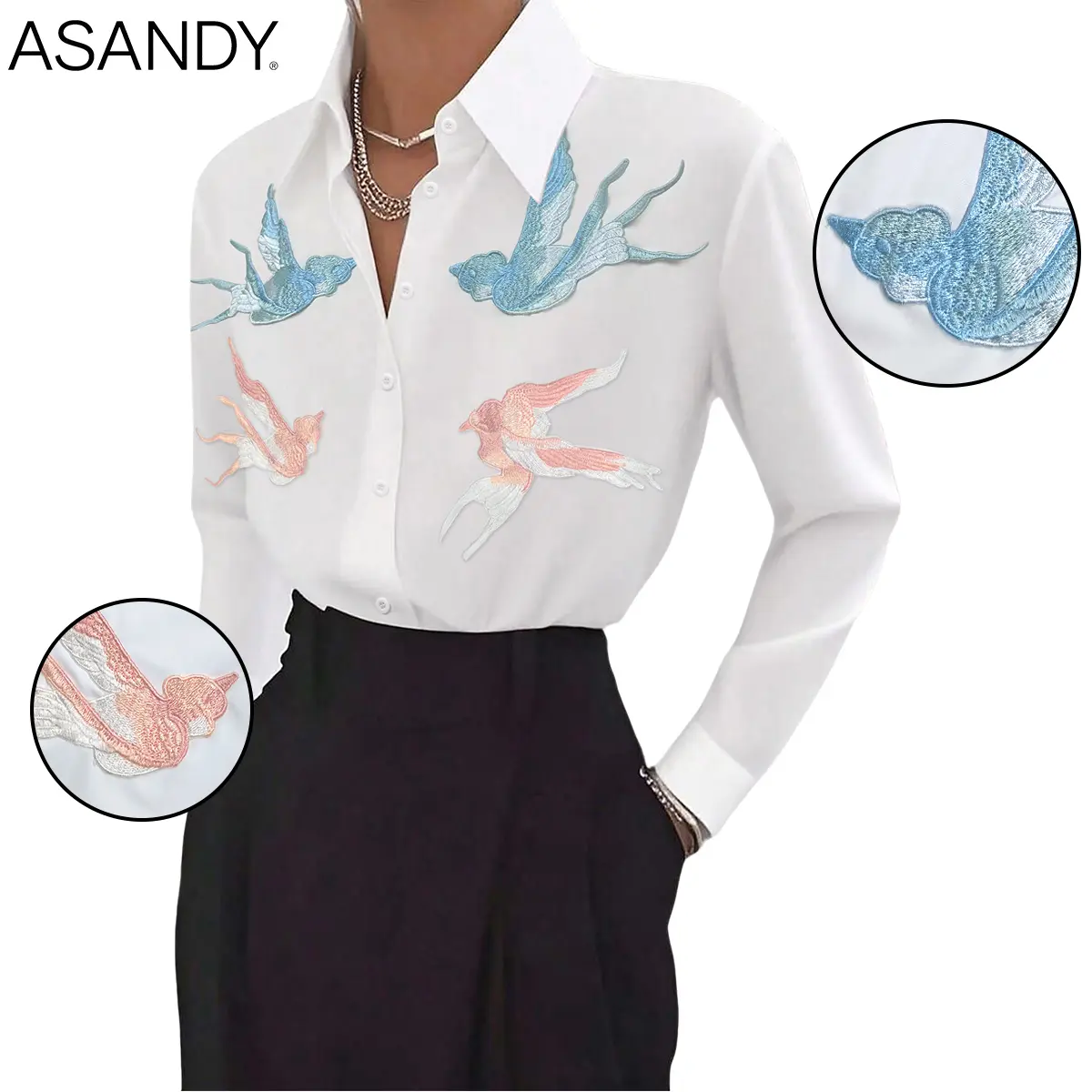ASANDY Women's Swallow Bird Embroidered Blouse - Elegant Oriental Long Sleeve White Button-Down, Style, Top, Formal, Aesthetic, Casual, Accessories, Lady, Shirt, Traditional, Clothes, Style Inspo