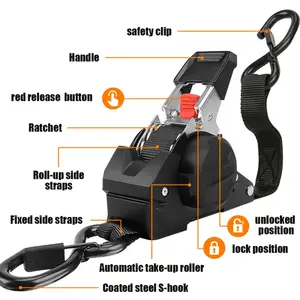 1pc Heavy-duty automatic retractable cargo strap with S-hooks and clips, no assembly required, labor-saving design, perfect for towing, cargo binding, and outdoor camping adventures, durable metal hardware