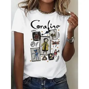 Short Sleeve T-Shirt With Cartoon Coraline Print, Casual Round Neck Top For Women'S Clothing In Spring And Summer