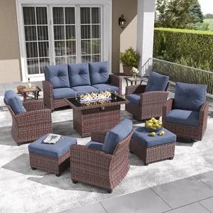 LayinSun 10 Pieces Patio Furniture Set with Swivel Chairs, Rattan Wicker Rocking Glide Chairs with 44" Propane Gas Fire Pit Table Conversation Set