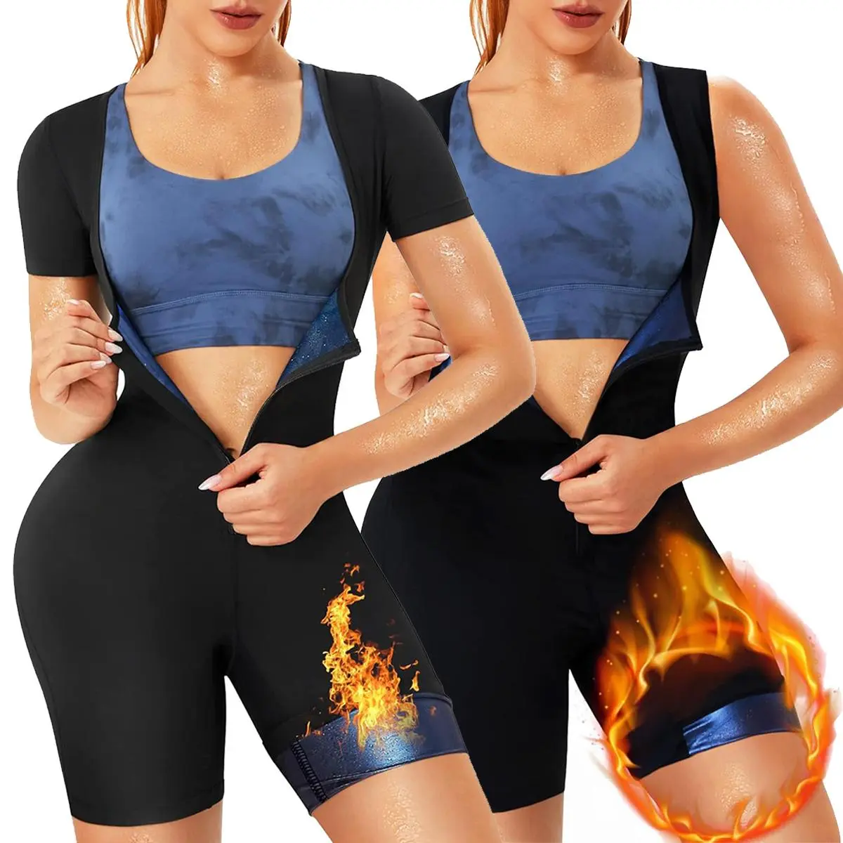 Sauna Suits for Women Sweat Vest Waist Trainers Workout Body Control Sauna Jumpsuit Women Full Shaperwear Workout Top with Sleeve Shorts