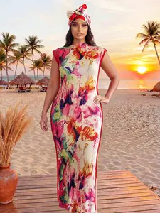 Elegant Ditsy Floral Print Robe Set, Shawl Dress + Headscarf, Women's Beach Sun Protection Satin Scarf, Casual All Seasons Wear