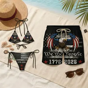 USA 250 Years We The People Bald Eagle American Flag Couple Matching Swimwear Womens Bikini Set Mens Board Shorts 4th of July Beach Patriotic 1776 2026 Anniversary Comfy