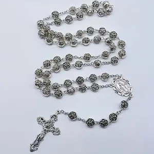 Vmess 59 vintage rose rosary necklace, Jesus cross pendant necklace