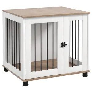 PawHut Dog Crate Furniture, Side Table Indoor Dog Kennel, End Table with Lockable Door for Small and Medium Dogs, Walnut Brown Enclosure