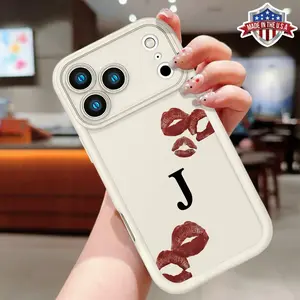 Personalized "J" Initial Lip Print Phone Case for iPhone 11 12 13 14 15 16 17 Pro Max Plus Air, Coquette Aesthetic Red Kiss Mark Design, Slim Shockproof Protective Cover, Anti-Scratch Matte Finish, Made in USA