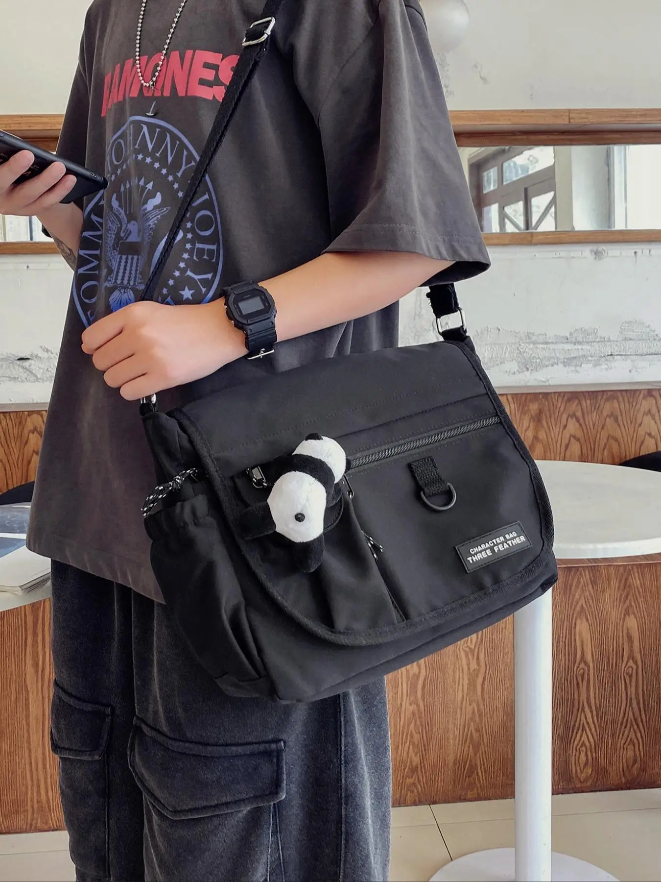 Men's Casual Plain Letter Zipper Crossbody Bag, Sporty Portable Bag Charm Decor Messenger Bag with Adjustable Strap, Multi-pocket Travel Commuter Shou