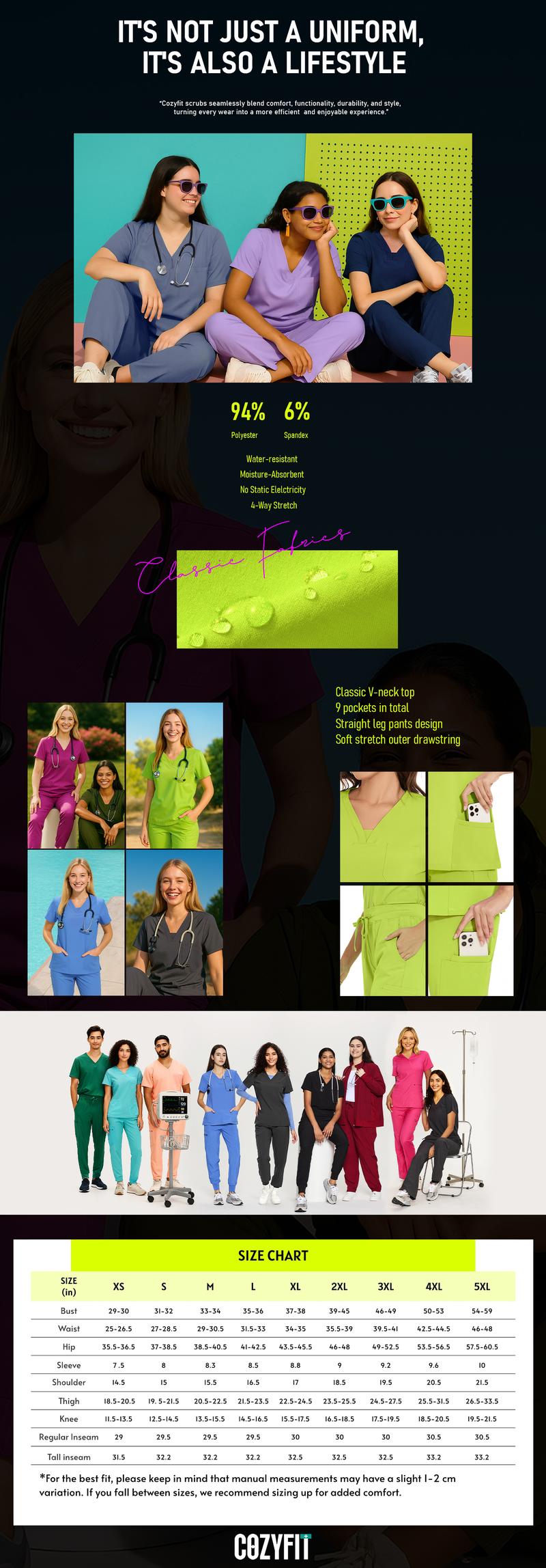 COZYFIT Scrubs for Women Nova Vital Set - V-Neck Top & Cargo Pants with 10 Pockets