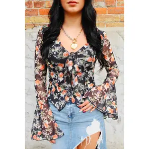 Floral Mesh Bell Sleeve Top