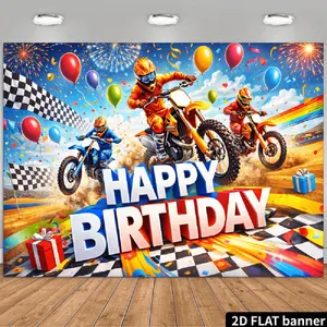 2D Flat Banner Polyester Photography Backdrop, HD Digitally Printed Soft Lightweight Foldable Background Cloth featuring Motocross Dirt Bike Race Track Theme with Happy Birthday Party Decoration, ideal for Birthday Celebrations, P