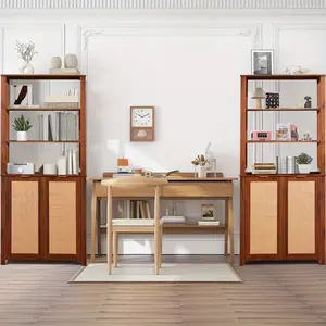 Rattan bookshelf, heavy-duty freestanding bookshelf, living room open display bookshelf with storage, beige/walnut brown.