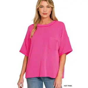 Zenana Raised Rib Short Sleeve Front Pocket Top