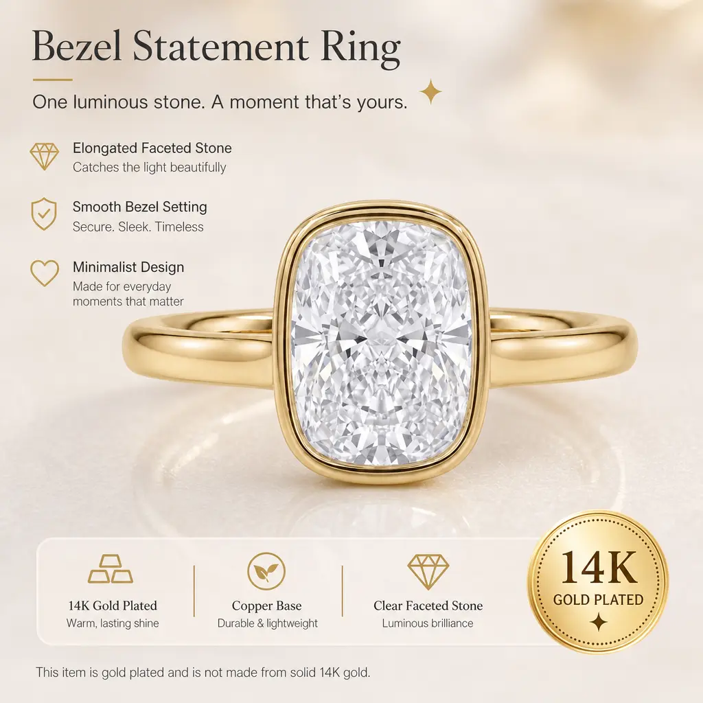 Gildelle 14K Gold-Plated Copper Bezel-Set Clear Stone Ring, Elongated Cushion Solitaire Statement Ring for Women, Minimalist Anniversary and Promise Gift