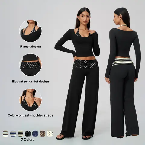 Women's 2 Piece Outfits Faux Layered Crop Top and Wide Leg Pants Set Striped OR Polka Dot Contrast Trim High Waist Butt Lifting Matching Sets Stretch Casual Loungewear Yoga Fall Outfit