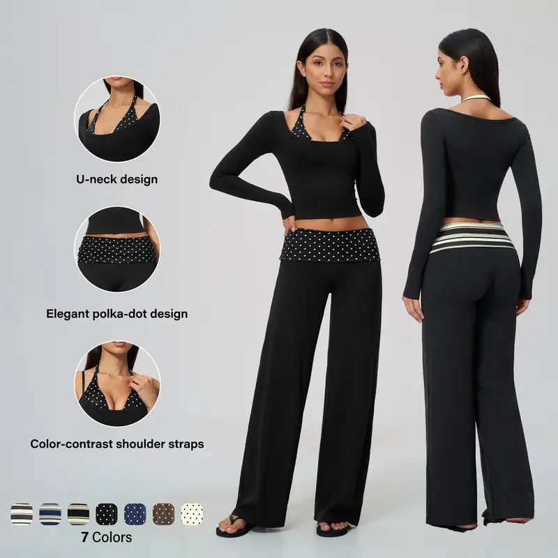 Women's 2 Piece Outfits Faux Layered Crop Top and Wide Leg Pants Set Striped OR Polka Dot Contrast Trim High Waist Butt Lifting Matching Sets Stretch Casual Loungewear Yoga Fall Outfit