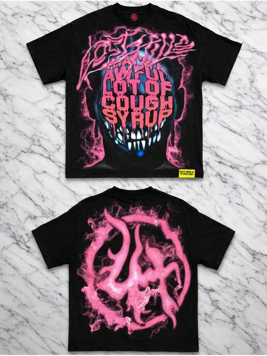 Y2K Hip-Hop Men's Pink Flame Demon Slogan Oversized Graphic Tee Streetwear Men Summer Clothes  T-shirt