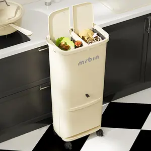 MRBIN 3 in 1 Removable Vertical Trash and Recycle Bin Combo, 42L/11gal Tall Double Layer Triple Compartment Slim Plastic Waste Basket with Press Top Lid for Kitchen, Office, Rv, White