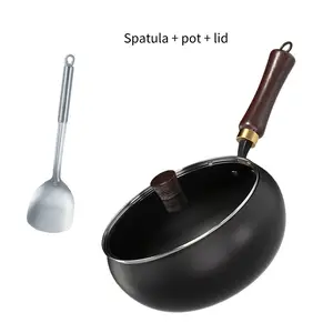Multi-Purpose Cast Iron Wok - Uncoated & Even Heating Design with Lid - Wood Handle, Stove/Oven/Camping Safe - Includes Spatula
