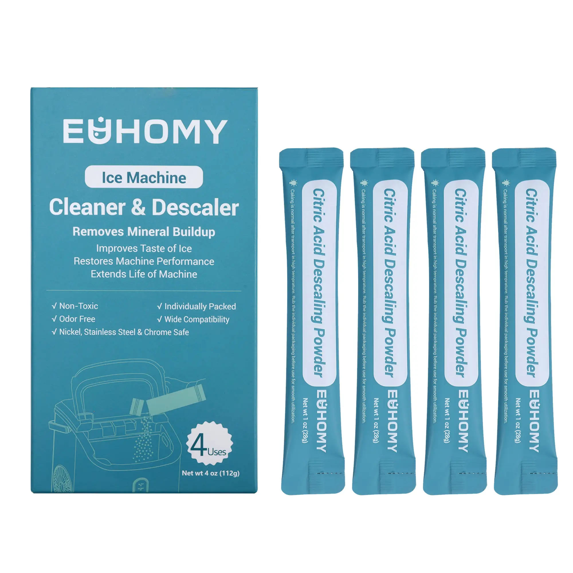 EUHOMY Ice Maker Cleaner & Descaler, Individually Packaged, Organic Citric Acid Descaling Powder Compatible with All Types of Ice Machines. Household