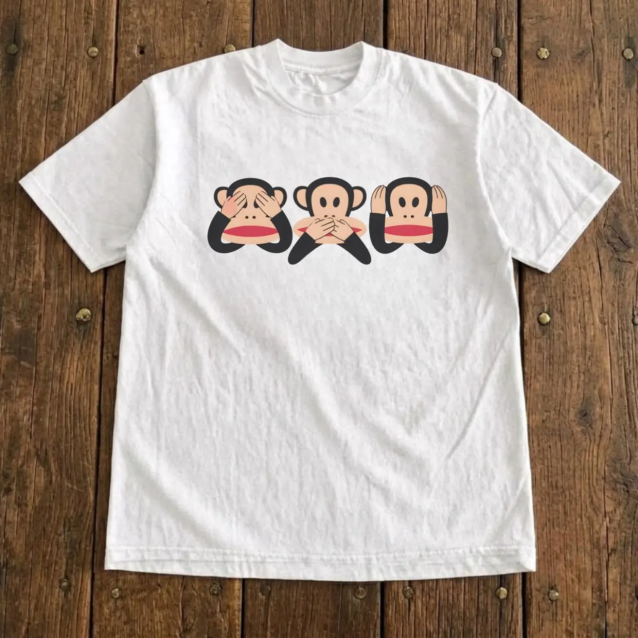 Paul Frank Three Wise Monkeys Julius T-Shirt - Vintage Y2K White Graphic Tee, Hear See Speak No Evil Retro Cartoon Streetwear Unisex Top