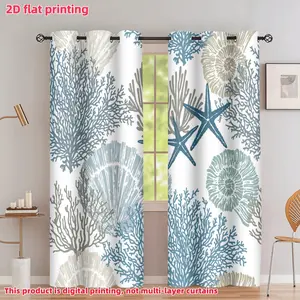 2D Flat 2Pcs Ocean Style Coral Starfish Seashell Printed Curtains for Living Room Bedroom Dining Decor, Window Coverings, Sunshade, Privacy Protection, Home Decoration.