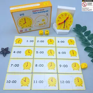Wooden Clock Learning Set, 1 Box Simulation Clock & Double-sided Time Cards & Dices, Early Education Time Cognition Toy for Teenagers, Learning Materials